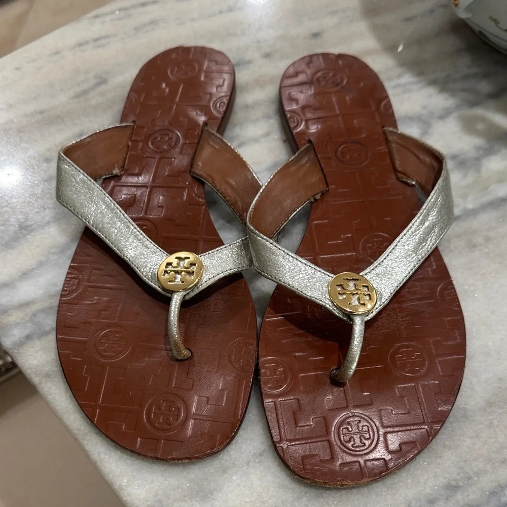 Tory Burch Gold Leather Thong Sandals with Brown Footbed